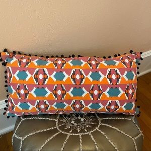 Orange Print PomPom Trim Accent Pillow